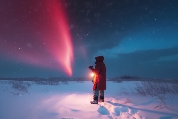 Una persona con un abrigo rojo se para en la nieve con una linterna en la cabeza.