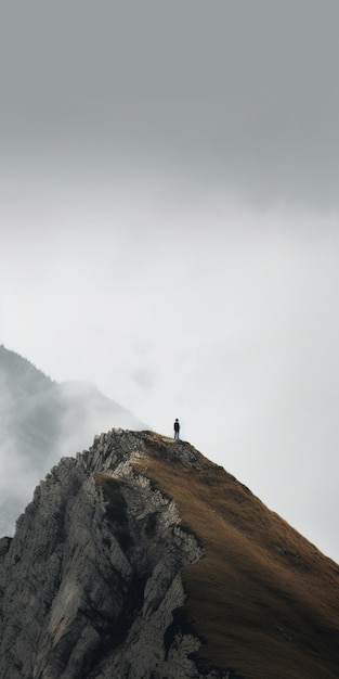 Una persona se para en un acantilado en la niebla.