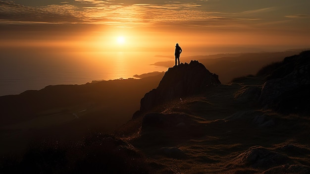 Foto una persona se para en un acantilado con vista al océano al atardecer