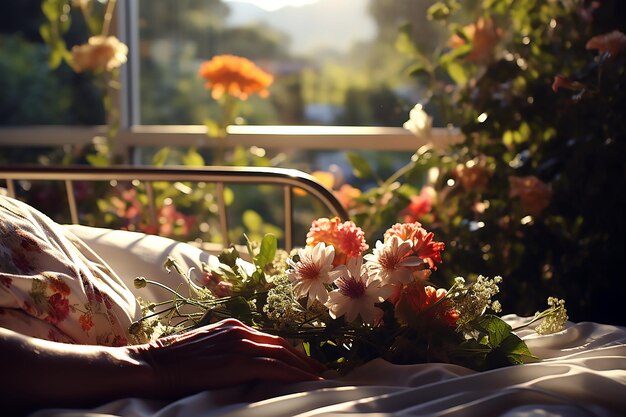 Una persona acostada en la cama con flores y un libro en el regazo.