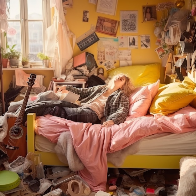 Foto persona acostada en la cama en una habitación desordenada