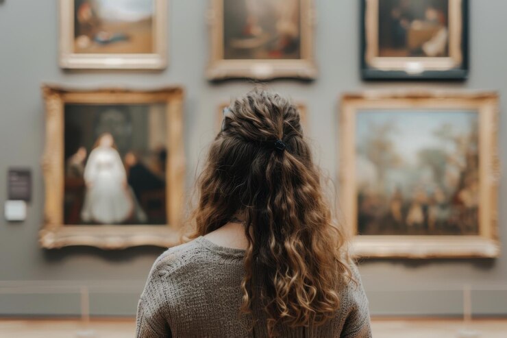 Una persona admirando pinturas clásicas en un museo que capturan la esencia de la apreciación del arte y la cultura
