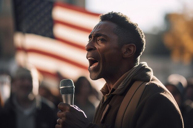 Persona afroamericana gritando por megáfono mientras estaba en protesta contra el racismo
