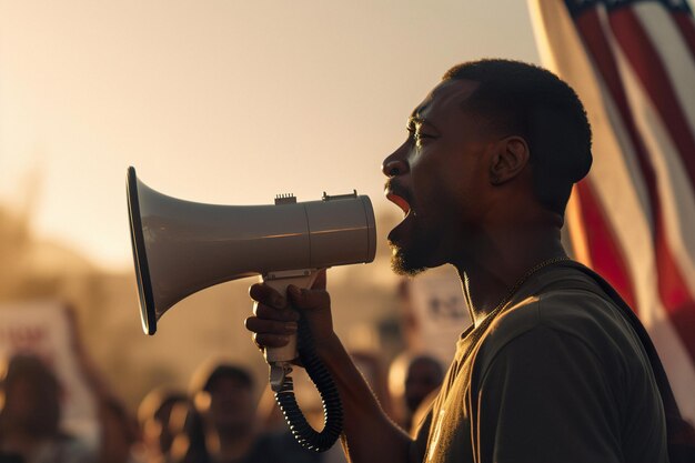 Foto persona afroamericana gritando por megáfono mientras estaba en protesta contra el racismo