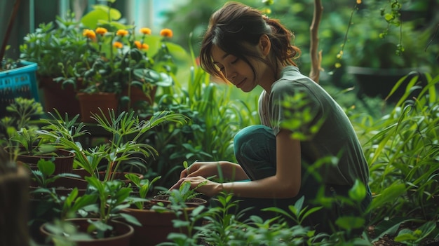 Una persona agachada en un jardín atendiendo a las plantas