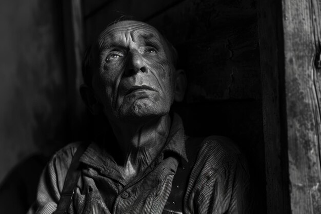 Foto una persona agotada en el campo de concentración del holocausto tragedia buchenwald auschwitz trostenets reflexionando sobre las experiencias desgarradoras de los individuos en capítulos oscuros sufrimiento humano durante la segunda guerra mundial