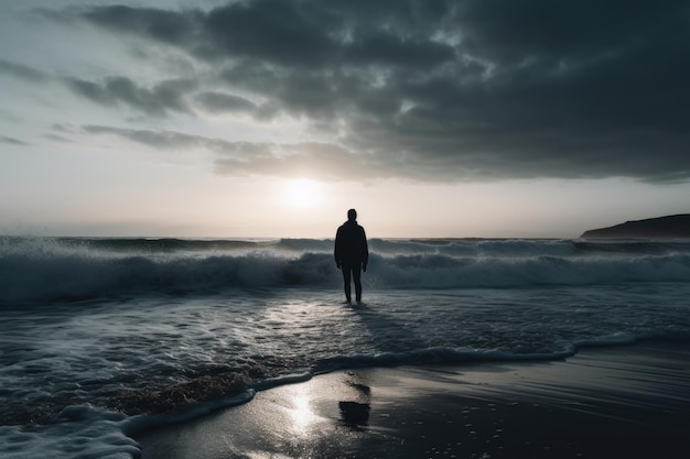 Una persona se para en el agua al atardecer.