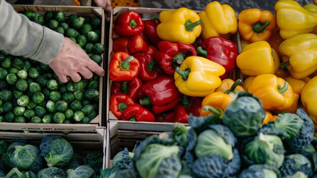 Una persona alcanzando pimientos en cajas de verduras en un mercado