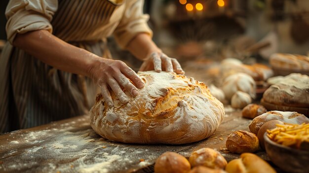 Foto una persona amasa pan en la mesa con ingredientes naturales para un plato