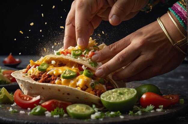 Foto una persona añadiendo una salpicadura de mezcla de queso mexicano a
