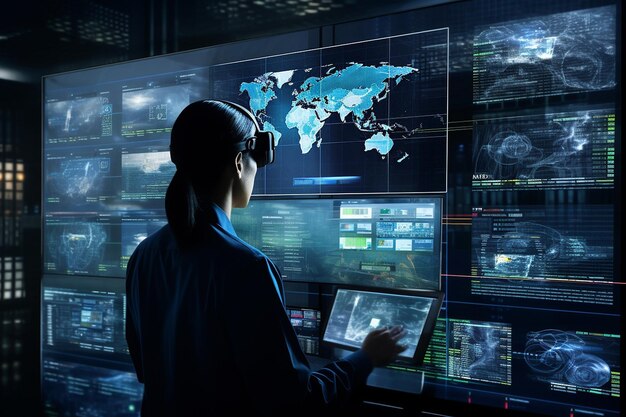 Persona analizando las operaciones del centro de datos en una interfaz de realidad virtual
