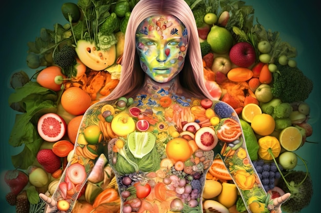 Foto una persona con anatomía indefinida con el cuerpo dividido en partes llenas de frutas y verduras en un estilo de bioarte ia generativa