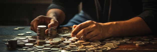 Foto una persona apilando monedas encima de una mesa