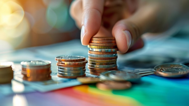 Persona apilando monedas en la mesa