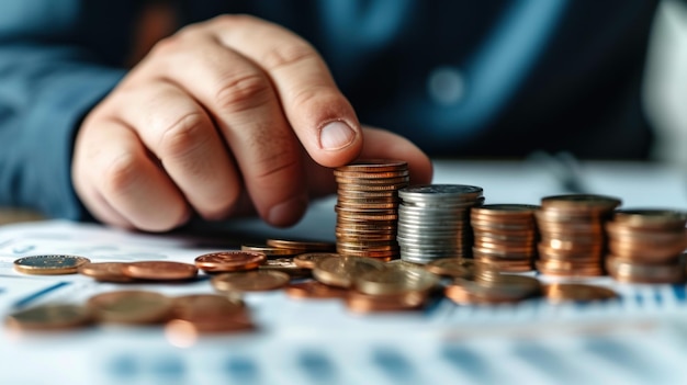 Persona apilando monedas en una mesa