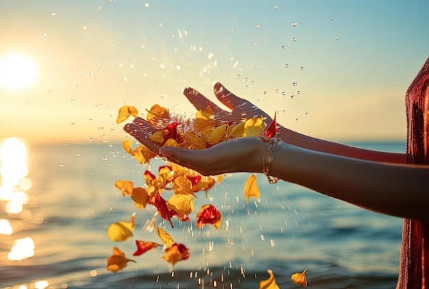 persona arrojando pétalos de flores en el agua con rayos de sol en el estilo de mares y cielos tranquilos