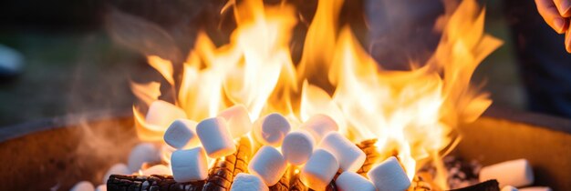 Foto una persona asa malvaviscos sobre las llamas de una fogata en una noche de verano disfrutando de smores o de un refrigerio en un