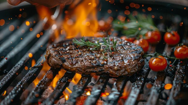 Persona asando filetes en la parrilla con llamas