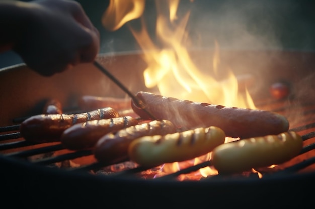 Una persona asando salchichas en una parrilla con llamas a su alrededor.