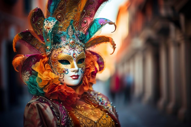 persona atractiva con maquillaje colorido y trajes venecianos