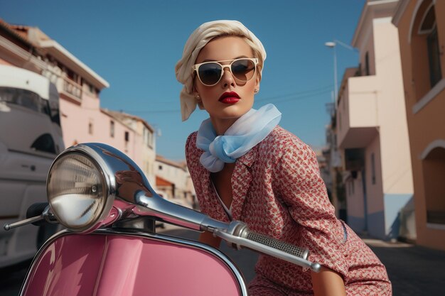 Una persona atractiva con ropa retro y elegante sentada en una vieja scooter en la calle de la ciudad