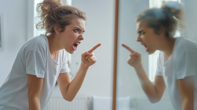 Foto la persona está atrapada en un momento de frustración gritando y señalando con ira su propio reflejo en un espejo