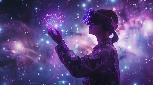 Una persona con un auricular de realidad virtual se acerca a una galaxia reluciente de estrellas inmersa en una realidad virtual