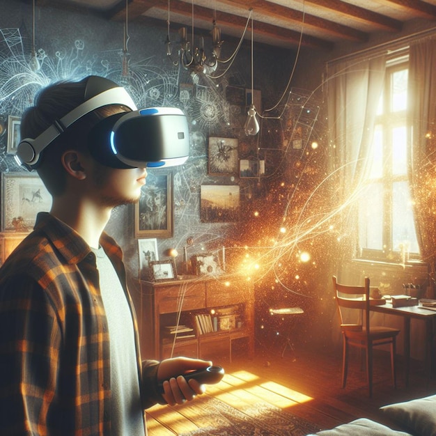 Foto una persona con un auricular de realidad virtual en su habitación