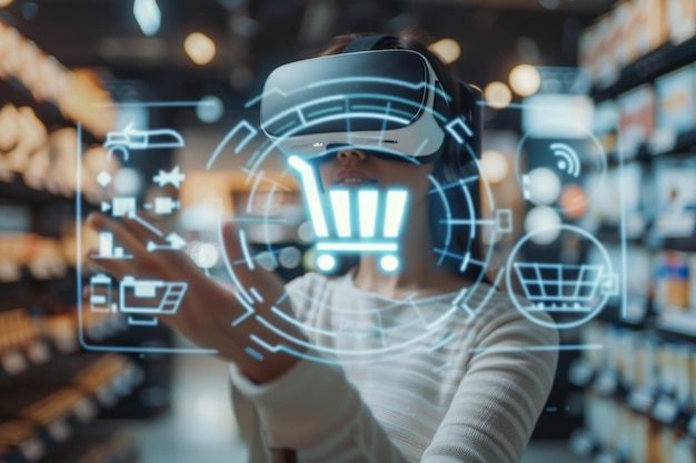 persona en un auricular de realidad virtual tocando un ícono flotando en las compras alrededor