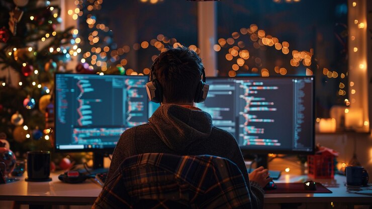 Foto una persona con auriculares en la visualización de múltiples pantallas de contenido de juego