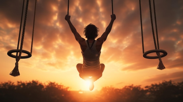 Foto una persona balanceándose en una cuerda con el sol poniéndose en el fondo