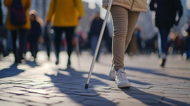 Una persona con un bastón camina por una ciudad bulliciosa en el Día Internacional de las Personas con Discapacidad en diciembre