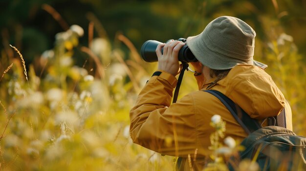 Foto persona con una bata amarilla usando binoculares en un campo