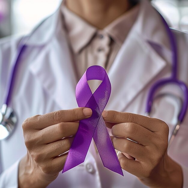 Foto una persona con una bata blanca de laboratorio sostiene una cinta púrpura