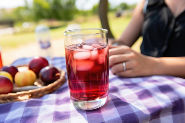 Persona bebiendo refresco de uva en un picnic