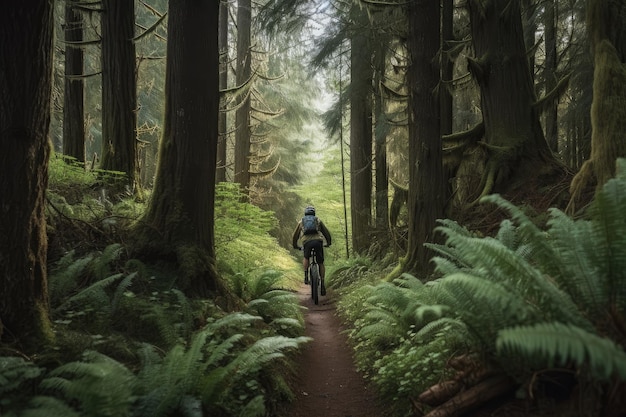 Persona en bicicleta a través de un denso bosque con árboles que se elevan por encima creado con IA generativa