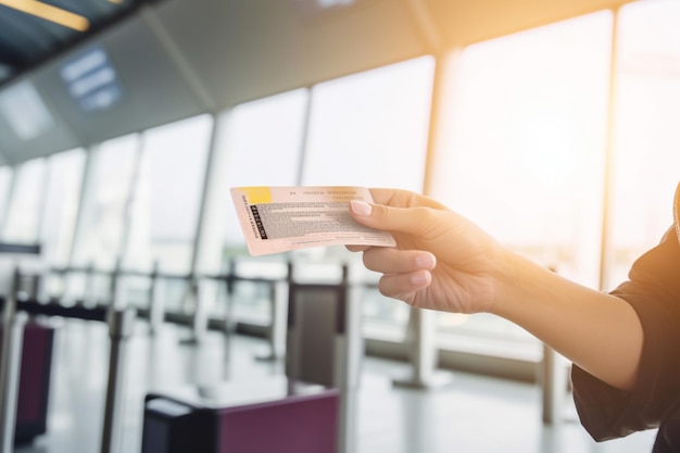 Una persona con un billete en la mano, con la palabra aeropuerto en la pantalla.