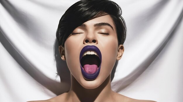 Persona con la boca abierta usando lápiz labial púrpura en blanco