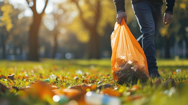 Una persona con una bolsa naranja recoge hojas caídas y basura en un parque soleado