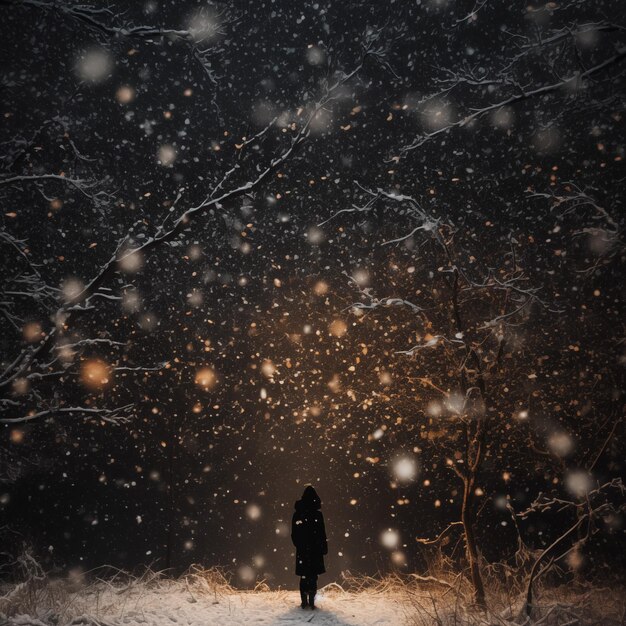 Persona en el bosque de invierno por la noche con nieve que cae y copos de nieve que cayen