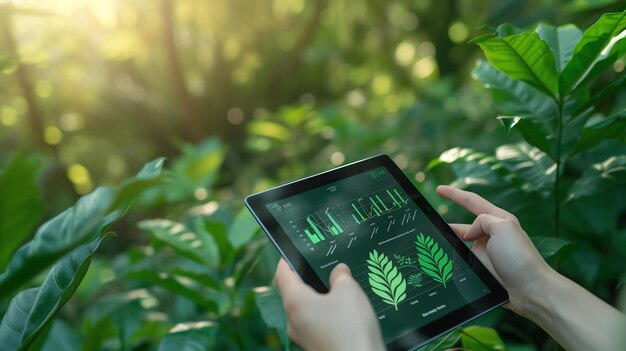 Una persona en un bosque verde exuberante está sosteniendo una tableta