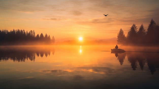 Una persona en un bote en un lago al atardecer.