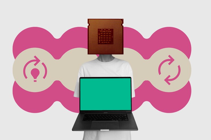 Foto persona con cabeza de microchip sosteniendo una computadora portátil con pantalla verde