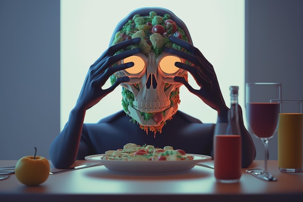 Una persona con una calavera en la cabeza se sienta en una mesa con un plato de comida.