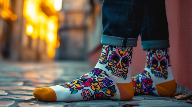 Persona con calcetines coloridos con calaveras Día de los Muertos