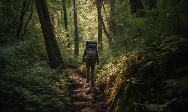 Una persona camina por un bosque con una mochila a la espalda.