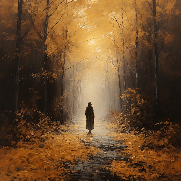 Una persona camina por un sendero forestal cubierto de hojas doradas de otoño a ambos lados de la carretera