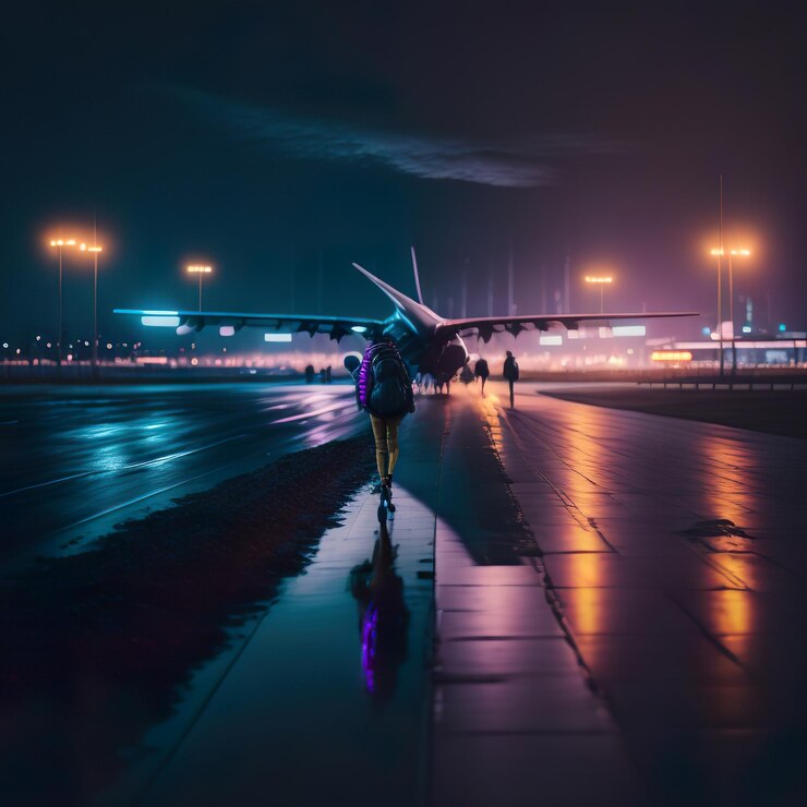 Foto una persona caminando hacia un avión que está en una pista mojada por la noche.