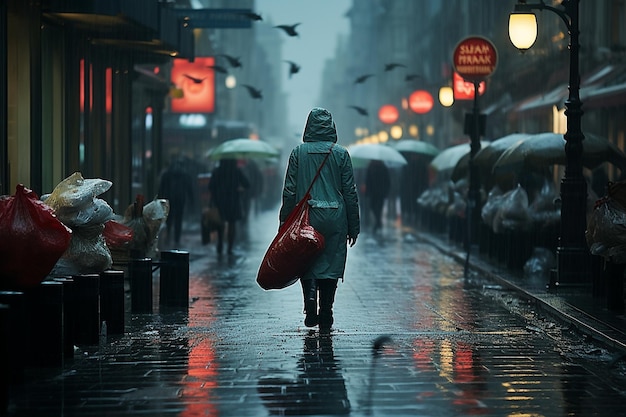 Persona caminando con una bolsa de compras en la lluvia