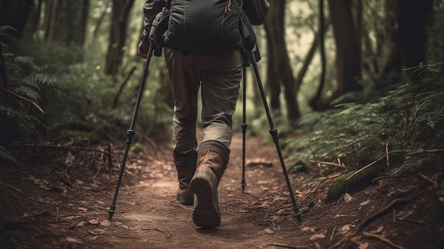 Una persona caminando en un bosque con bastones y una mochila.